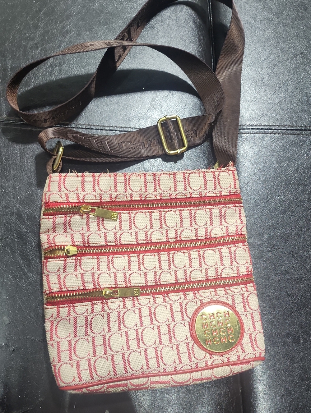 Carolina Herrera Pink and Cream Monogram Crossbody Bag